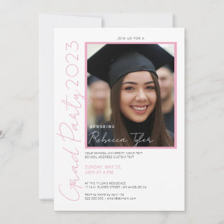 Photo, Black & Pink Text Grad Party Invite