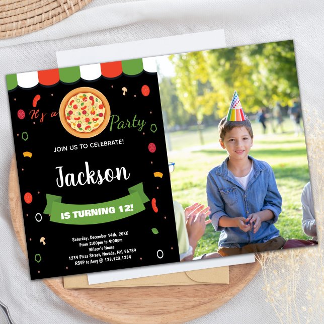 Photo Black Red Pizza Birthday Invitations (Photo Black Red Pizza Birthday Invitations)