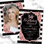 Photo Black Rose Gold 50th Birthday Invitation<br><div class="desc">Elegant floral 50th birthday invitation with your photo at the back of the card. Glam black and pink design with faux glitter rose gold. Features black and white stripes, blush pink roses, script font and confetti. Perfect for a stylish adult bday celebration party. Personalise with your own details. Can be...</div>