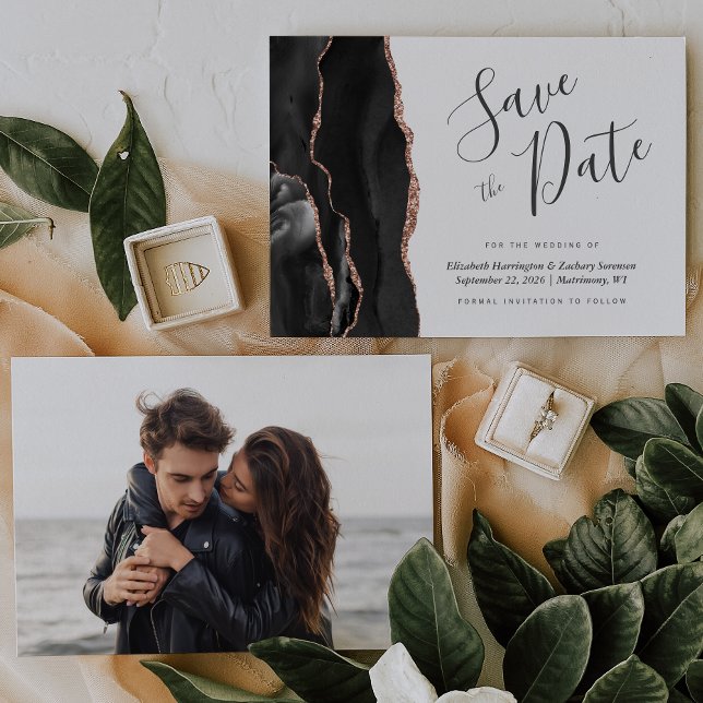 Photo Black Rose Gold Agate Save the Date Card (Creator Uploaded)