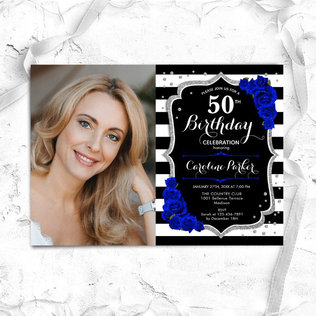 Photo Black Silver Royal Blue 50th Birthday Invitation (Creator Uploaded)