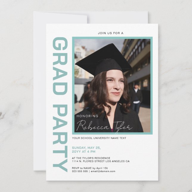 Photo, Black & Turquoise Text Grad Party Invite (Front)