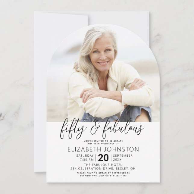 Photo Black White 50 Fabulous Birthday Arch Modern Invitation (Front)