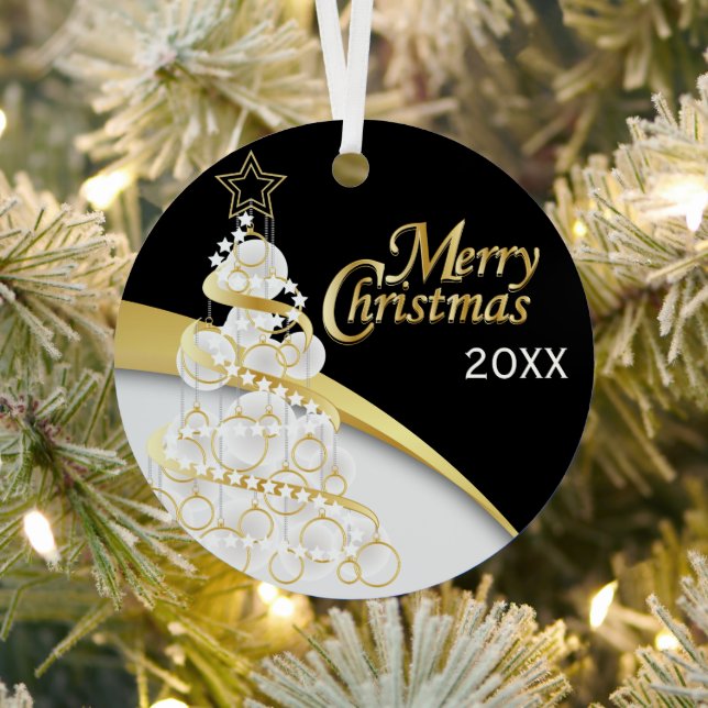 Photo - Black, White & Gold Christmas | Customise Metal Tree Decoration (Insitu)