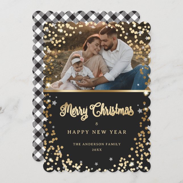 Photo Black White Gold Snow Stars Plaid Holiday Card (Front/Back)