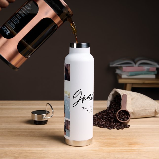 Photo black white graduation script modern elegant water bottle (Coffee)