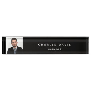 Photo black white monogram minimalist nameplate