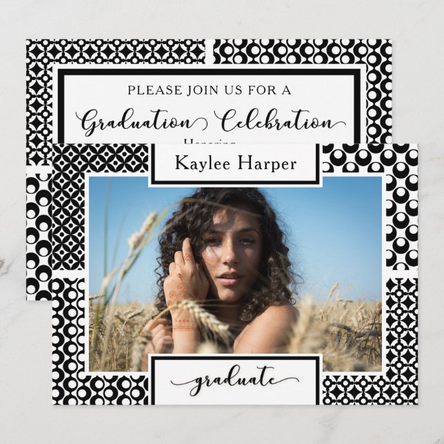 Photo & Black & White Patterns Graduation Party Invitation (Front/Back)