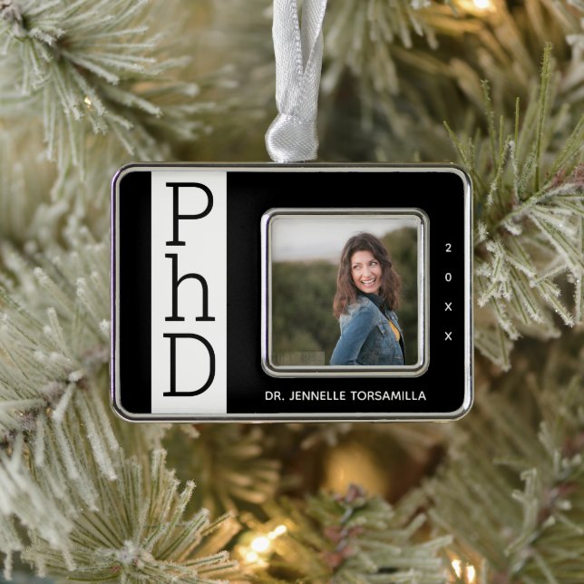 Photo Black White PhD Graduation Christmas Ornamen Silver Plated Framed Ornament (Tree)