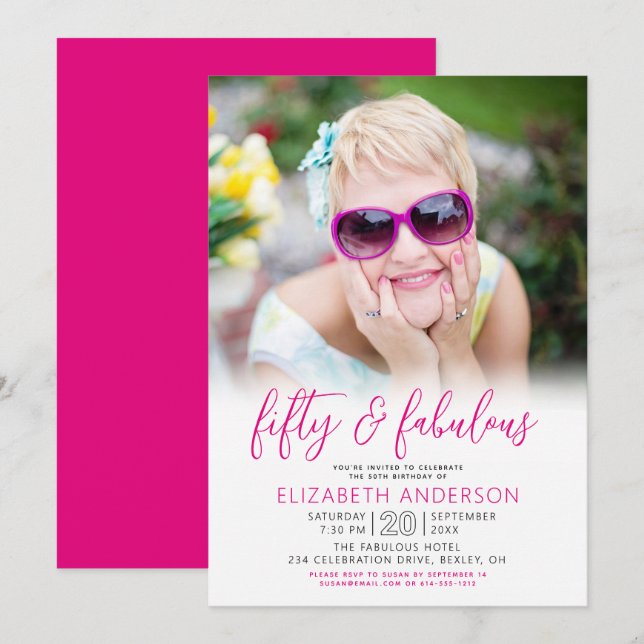 Photo Black White Pink 50 Fabulous Birthday Modern Invitation (Front/Back)