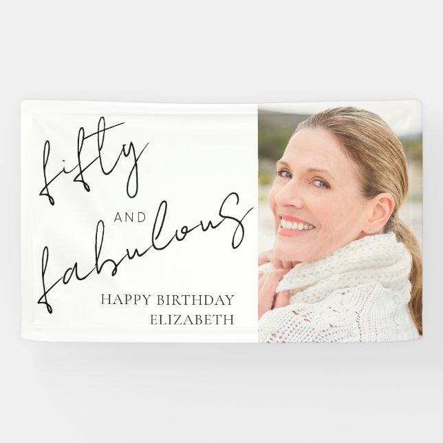 Photo Black White Script Fifty Fabulous Birthday Banner (Horizontal)