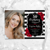 Photo Black White Stripes Red Silver 50th Birthday