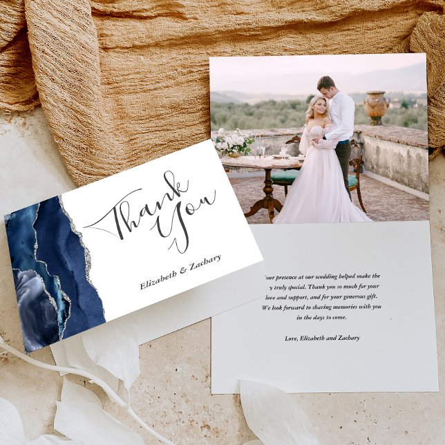 Photo Blue Agate Silver Wedding Thank You Card (Creator Uploaded)