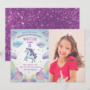 Photo Blue and Purple Unicorn Birthday Party Invitation