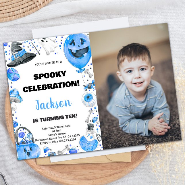 Photo Blue Ballon Halloween Birthday Invitations (Photo Blue Ballon Halloween Birthday Invitations)