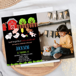 Photo Blue Black Red Farm Animals Birthday Invitation