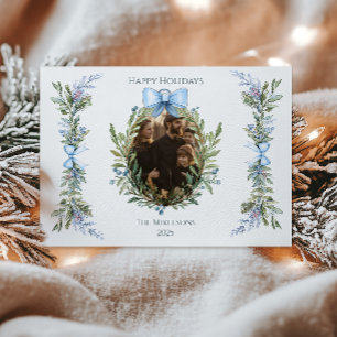 Photo Blue Bow Botanical Christmas Holiday Card