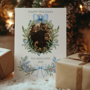 Photo Blue Bow Botanical Christmas Holiday Card