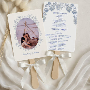 Photo Blue Chinoiserie Floral Botanical Wedding Hand Fan