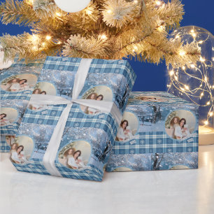 Photo Blue Cosy Plaid Winter Christmas Wrapping Paper