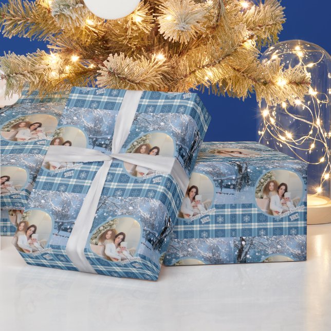 Photo Blue Cosy Plaid Winter Christmas Wrapping Paper (Holidays)