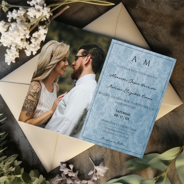 Photo Blue Damask Monogram Wedding Invitation (Blue Photo Damask Monogram Wedding Invitation)