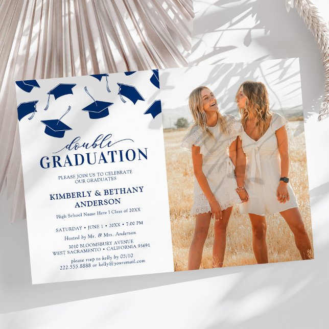 Photo Blue Double Graduation Party Invitations (Creator Uploaded)
