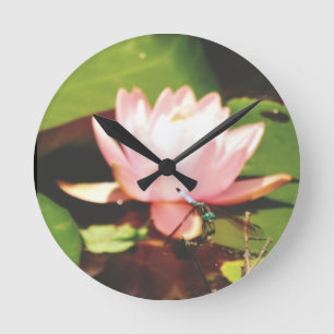 Photo Blue Dragonfly pink flowers  Lake Arrowhead Round Clock