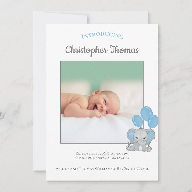 Photo Blue Elephant Baby Boy Birth Announcement (Front)
