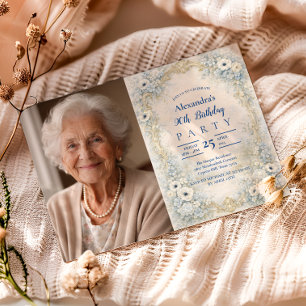 Photo Blue Floral Baroque Frame 90th Birthday Invitation