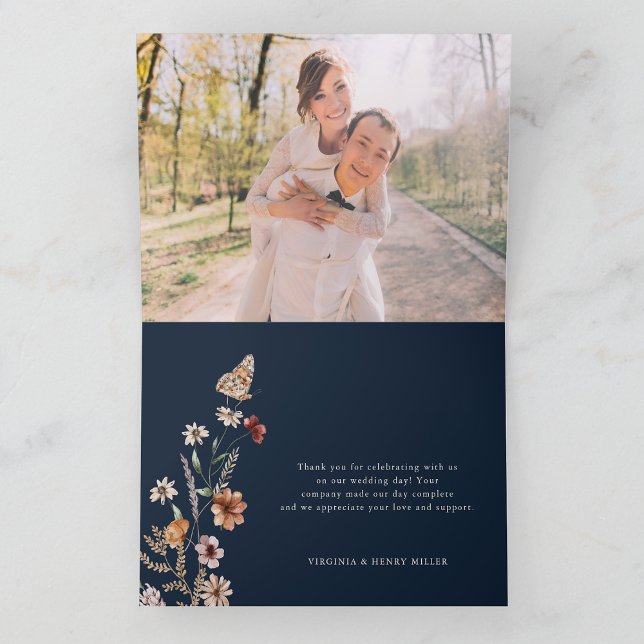 Photo Blue Floral Boho Wedding Thank You Card (Folding Photo Navy Blue Floral Boho Wedding Thank You Card by Painted Paperie
)