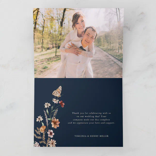 Photo Blue Floral Boho Wedding Thank You Card | Zazzle
