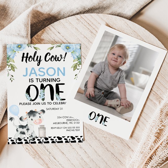 Photo Blue Floral Holy Cow Cow Print 1st Birthday Invitation (Boys Holy Cow 1st Birthday Invitation Template With Photo, Holy Cow Themed First Birthday Invitation)