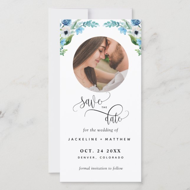Photo, Blue Floral Wedding Save The Date Bookmark (Front)