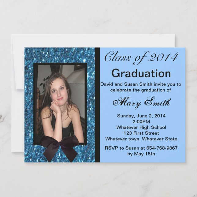 Photo Blue Glitter Graduation Invitation (Front)