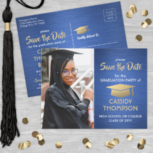 Photo Blue Gold and White Graduation Save the Date Postcard