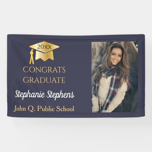Photo Blue | Gold Congrats Graduate Name | School Banner (Horizontal)