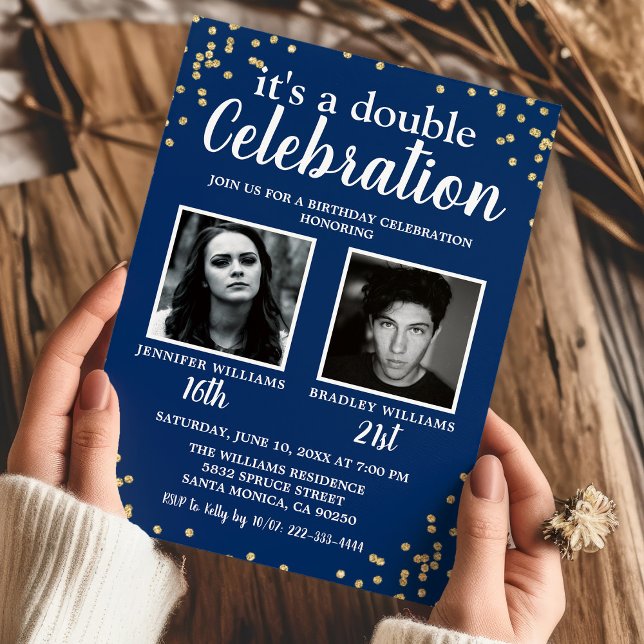 Photo Blue Gold Double Birthday Invitation (Creator Uploaded)