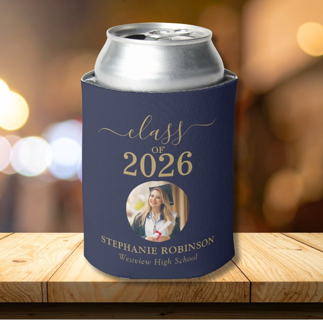 Photo Blue Gold Script Class of 2026 Grad Party Can Cooler (Creator Uploaded)
