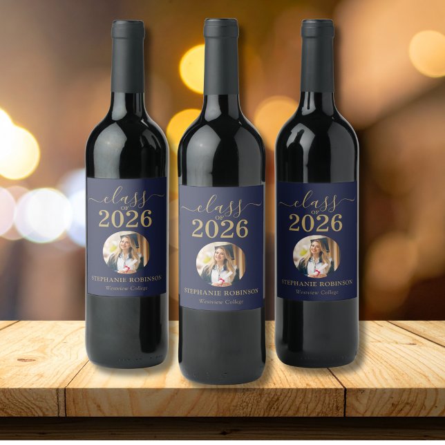 Photo Blue Gold Script Class of 2026 Grad Party Wine Label (Creator Uploaded)