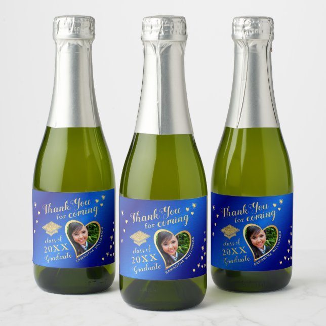 Photo Blue Gold Thank You Class of 2025 Graduation Sparkling Wine Label (Bottles)
