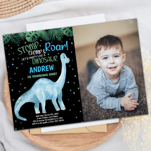 Photo Blue Green Black Dinosaur Birthday Invitation