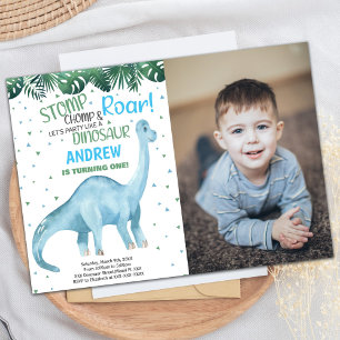 Photo Blue Green Dinosaur Birthday Invitations