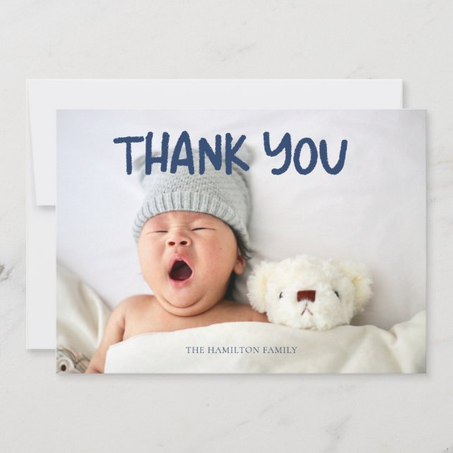 Photo Blue Handwritten Baby Shower Thank You   Card (Front)