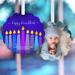 Photo Blue Hanukkah Menorah Candles Modern Boho Tree Decoration Card<br><div class="desc">“Happy Hanukkah.” A playful, modern, artsy illustration of boho pattern candles and handwritten calligraphy script help you usher in the holiday of Hanukkah in style. Assorted blue boho candles with colourful faux foil patterns overlay a rich, deep blue textured background on the front. Your favourite photo adorns the back. Feel...</div>