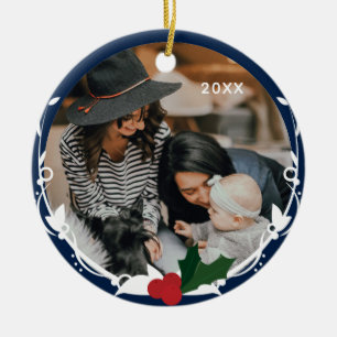 Photo Blue Holly Christmas Ceramic Tree Decoration