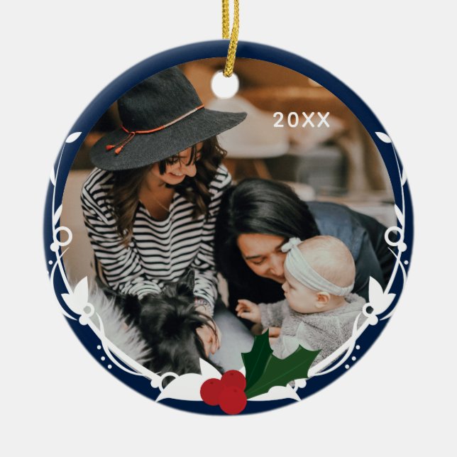 Photo Blue Holly Christmas Ceramic Tree Decoration (Front)