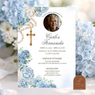 Photo Blue Hydrangea Rosary Catholic Funeral Invitation