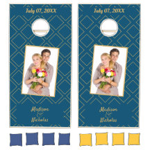 Photo Blue Lawn Wedding Game Gold Font Cornhole