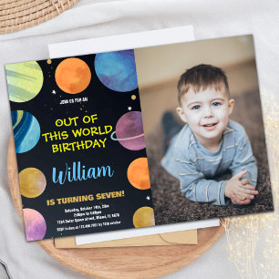 Photo Blue Orange Outer Space Birthday Invitations